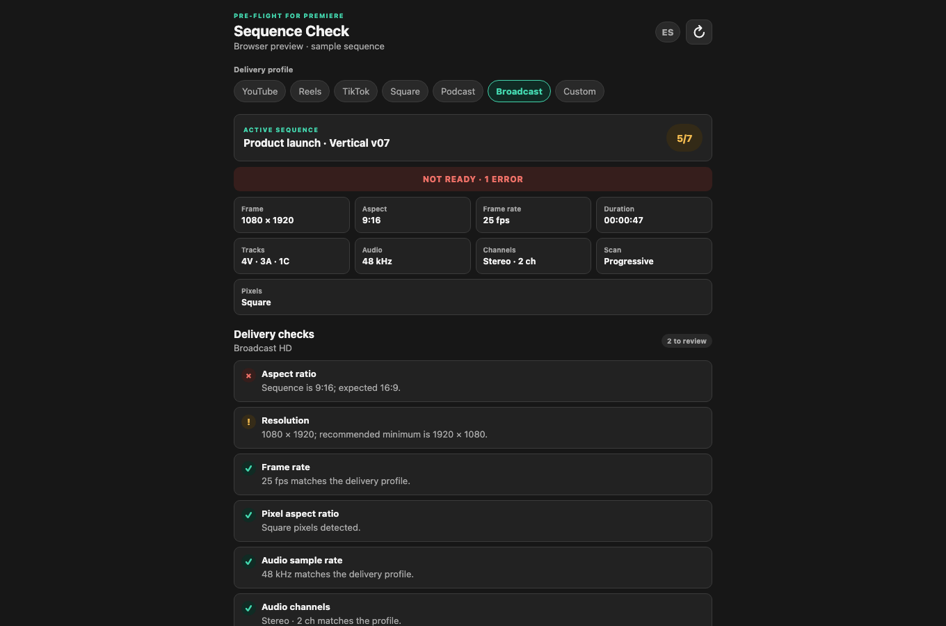 Sequence Check comprobando una secuencia con el perfil Broadcast