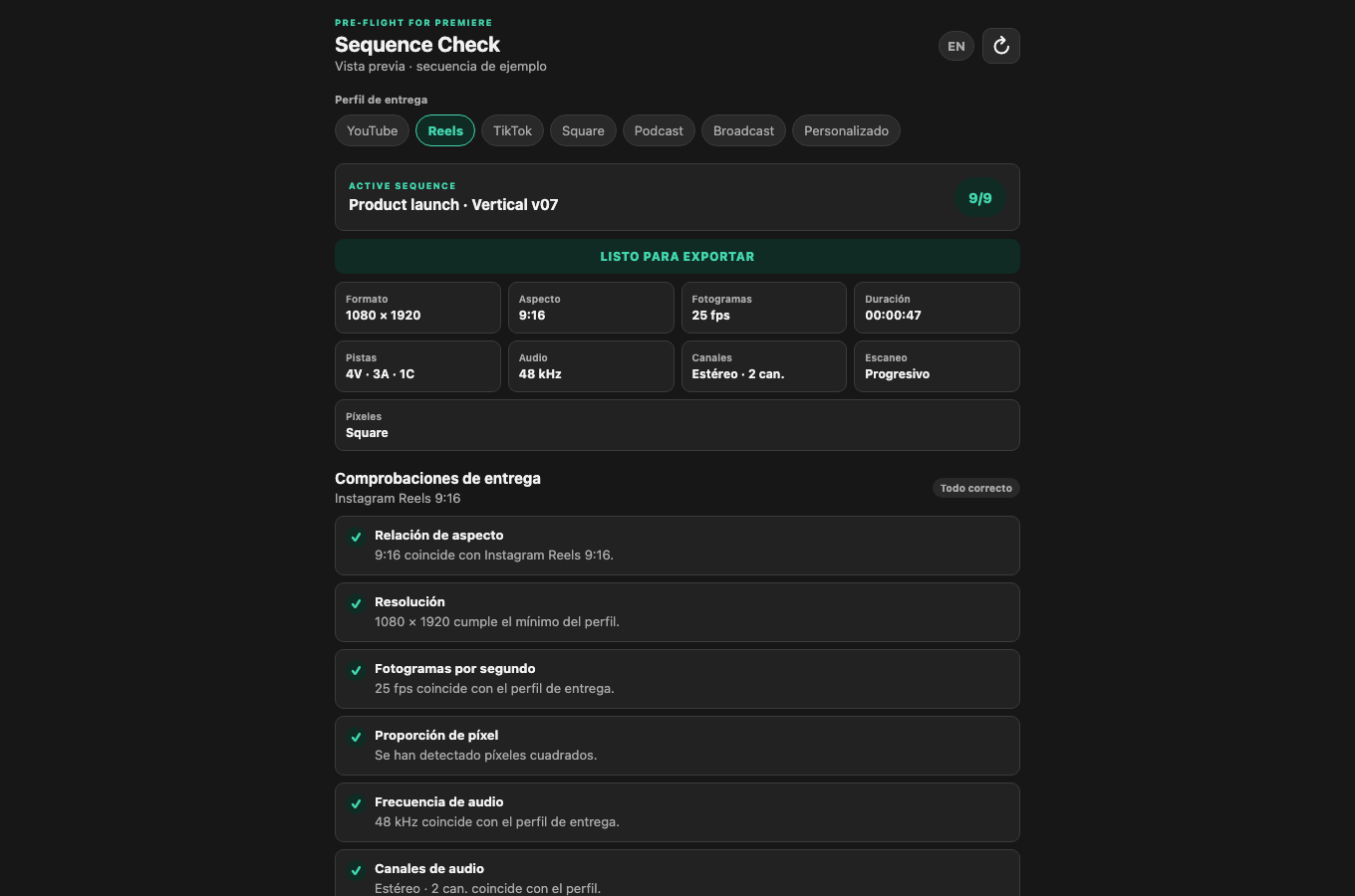 Sequence Check validando correctamente una secuencia vertical para Instagram Reels