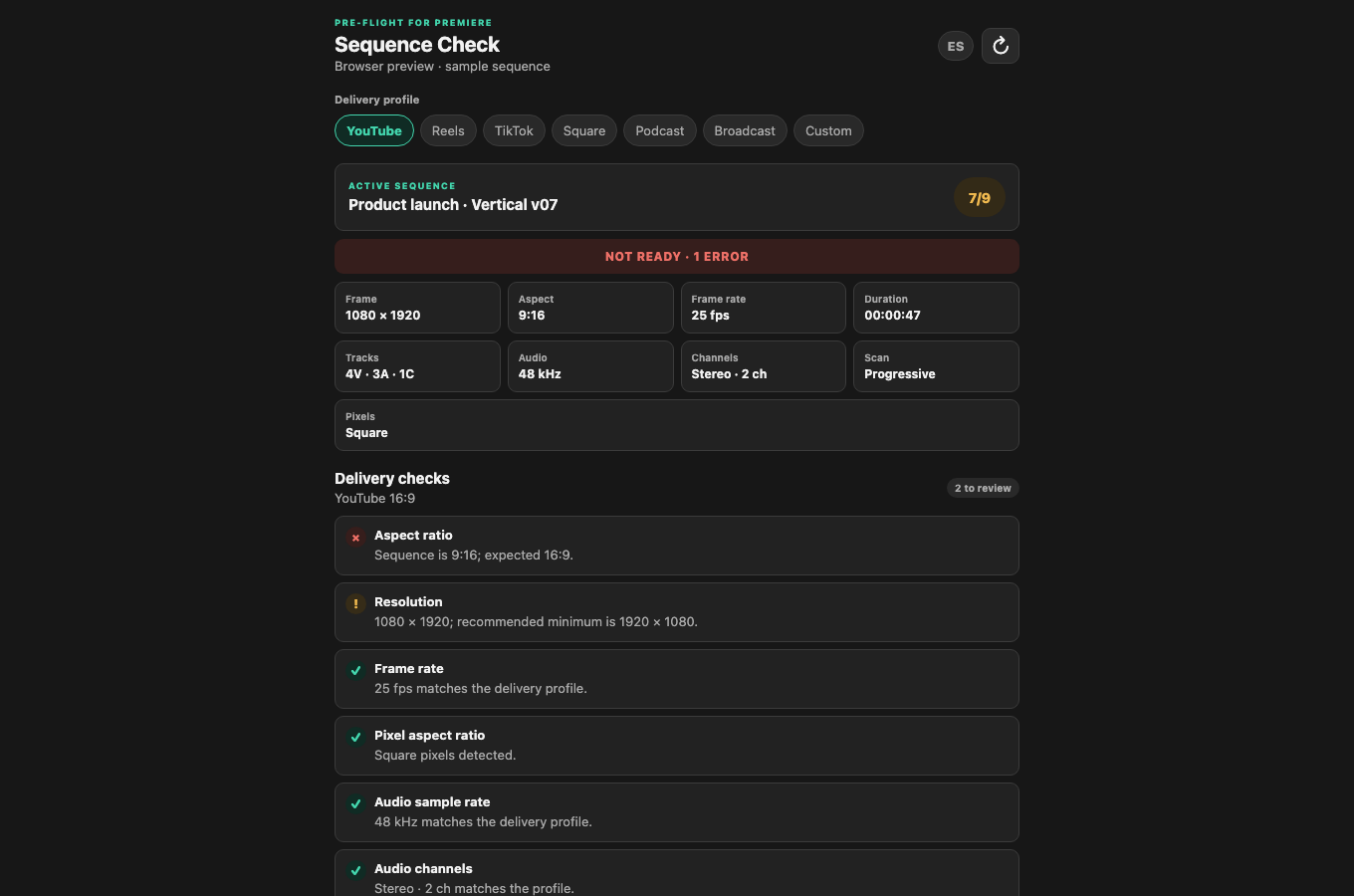 Sequence Check detectando errores de formato y resolución para YouTube